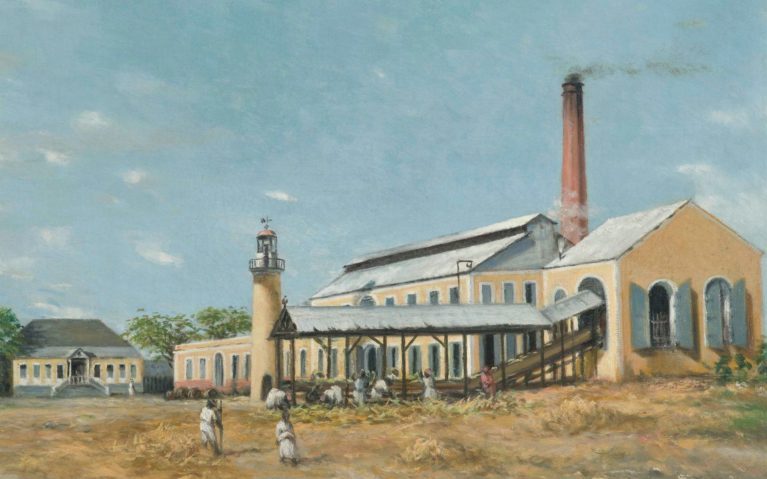 painting of a puerto rican sugar mill. large yellow building with a brick chimney. laborers in the foreground gathering sugar cane