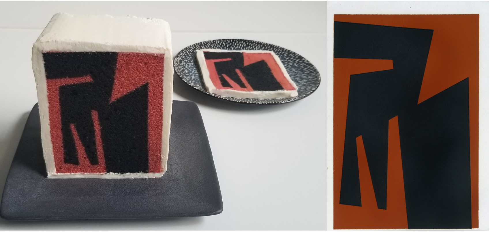 A sawarak cake with a burgandy and black colored abstract image.