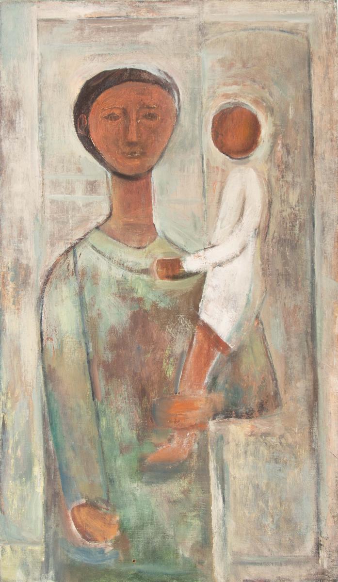 A mother holding a child in her left arm 