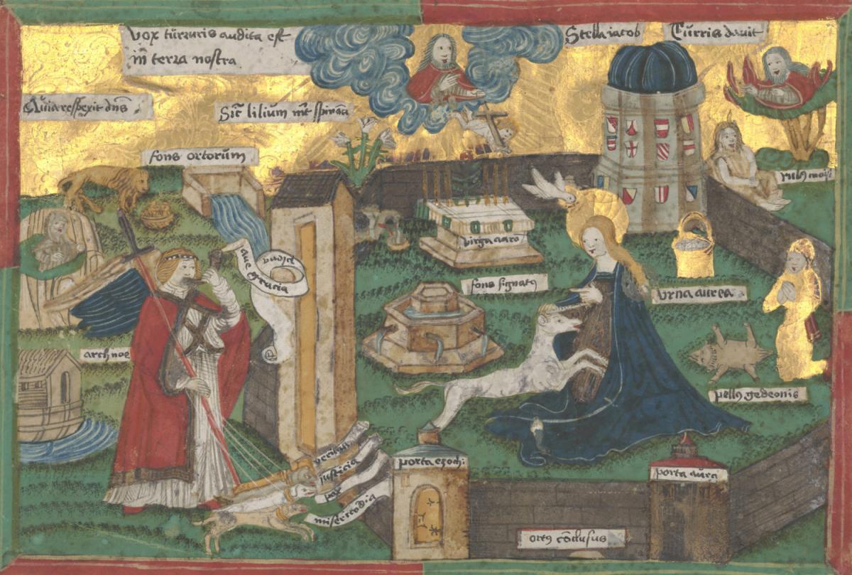 Depiction of Mary in a an enclosed garden with unicorn sitting on lap.