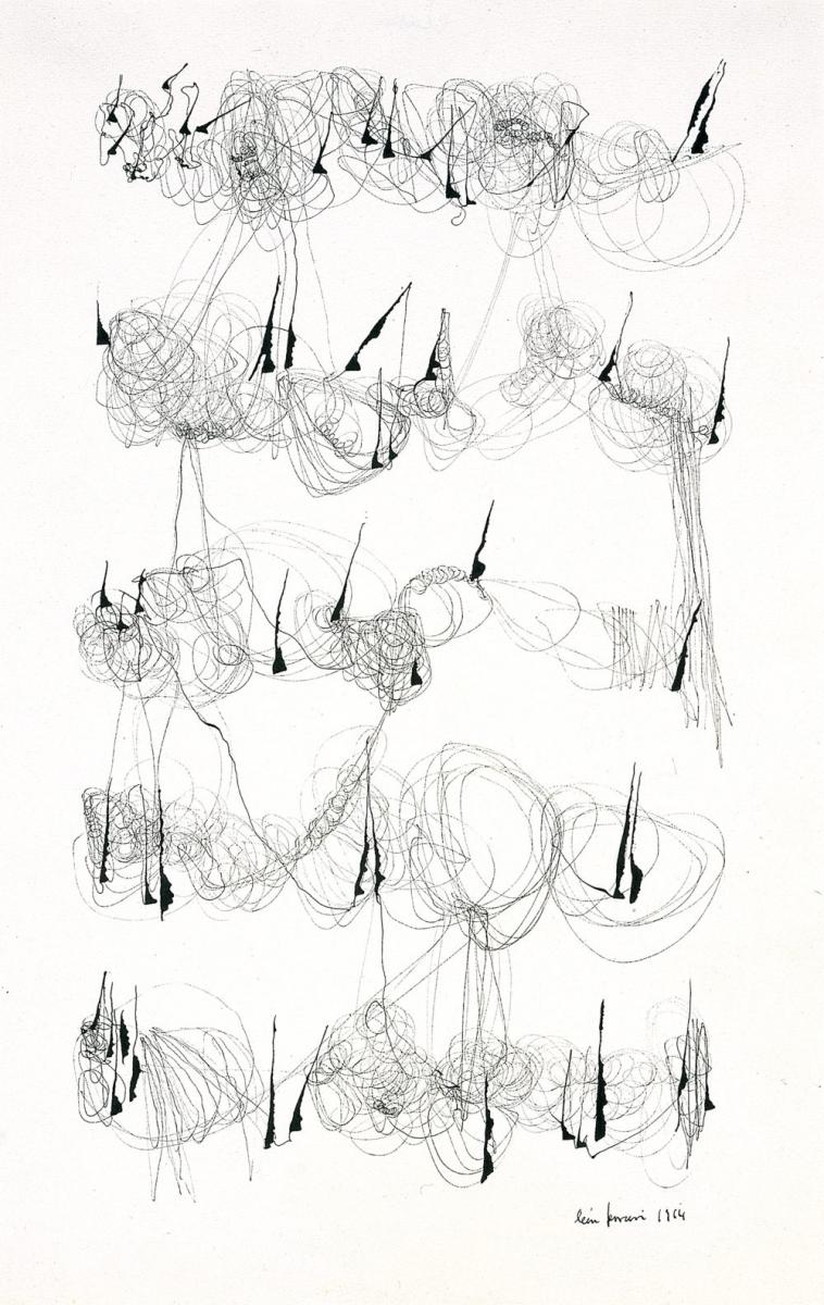 Ink on paper. Lines are scribbled throughout the paper in a cursive like motion. Ink pools in quarter-note like blotches making the scribbles look like cursive script. The artist name and date "leon ferrari 1964" are at the bottom of the piece.